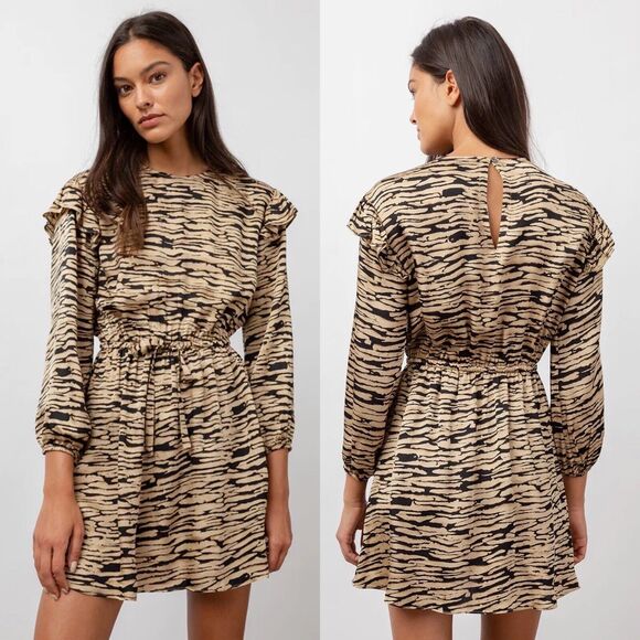 Rails Women S Ora Dress Canyon Brown Tiger Print Drawstring Ruffle Mini NEW FLAW - Picture 1 of 9